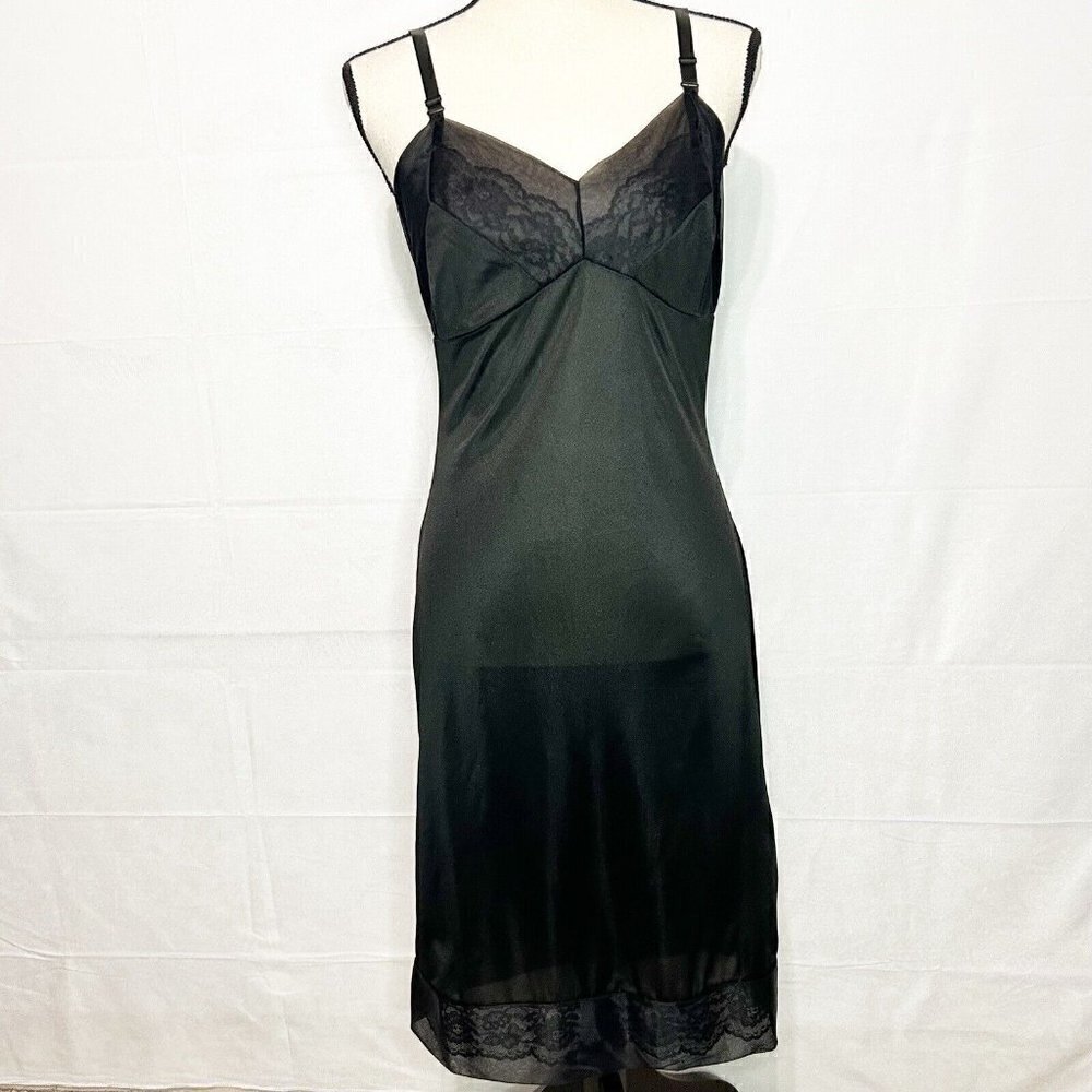 Vintage Movie Star Full Slip Black Nightgown 100% Nylon Lace Hem Sz S Bust: 34”